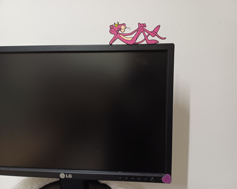 Pink Panther on monitor with stan